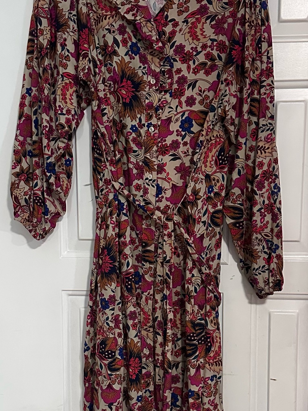 St. John's Bay Beige Floral Button-Front Midi Dress with Pink and Blue Accents